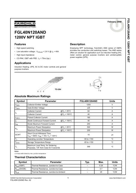 2 Pièces IGBT FGL40N120AND 40A 1200V - Composant électronique TO-3PL Pour Alimentations, Onduleurs