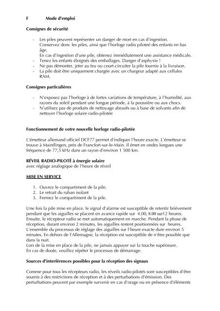 F Mode d'emploi Consignes de sÃ©curitÃ© - Les piles peuvent ...