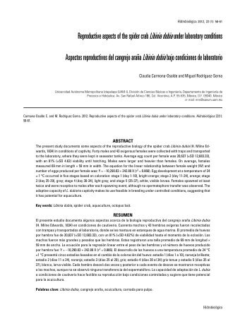 Reproductive aspects of the spider crab Libinia dubia under ...