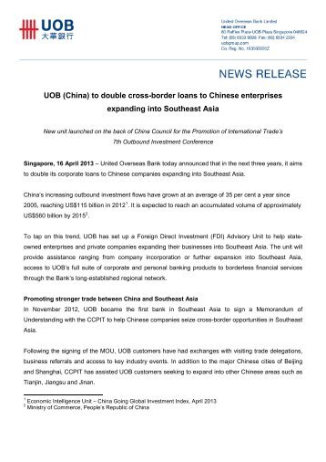 UOB (China) to double cross-border loans to Chinese enterprises ...