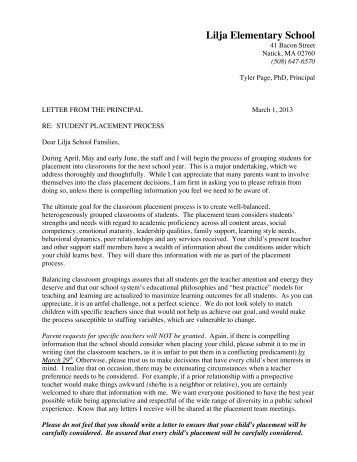Student Placement Letter from Prinicpal - Natick Public Schools