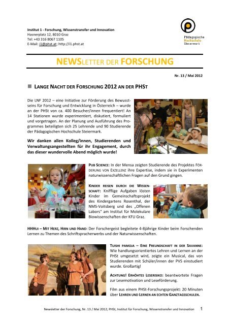 Newsletter Mai 2012 - Home, PÃ¤dagogische Hochschule Steiermark