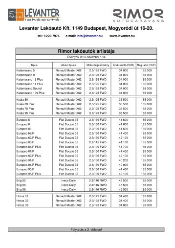 Árlista - Levanter Lakóautó Kft.