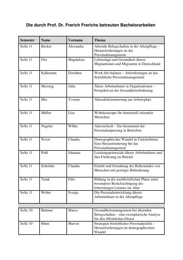 Die durch Prof. Dr. Frerich Frerichs betreuten Bachelorarbeiten