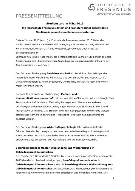 Studienstart zum Sommersemester 2013 - Hochschule Fresenius