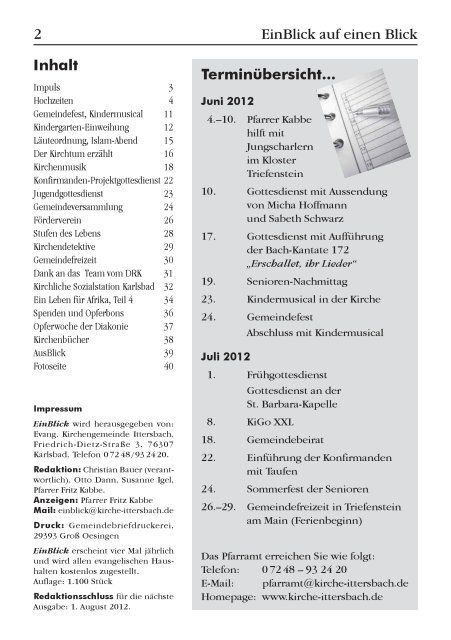 EinBlick Nr 57, Juni 2012 - Evangelische Kirchengemeinde Ittersbach