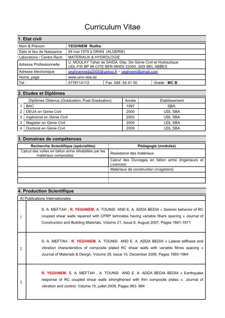 Curriculum Vitae - Université de Sidi-Bel-Abbes