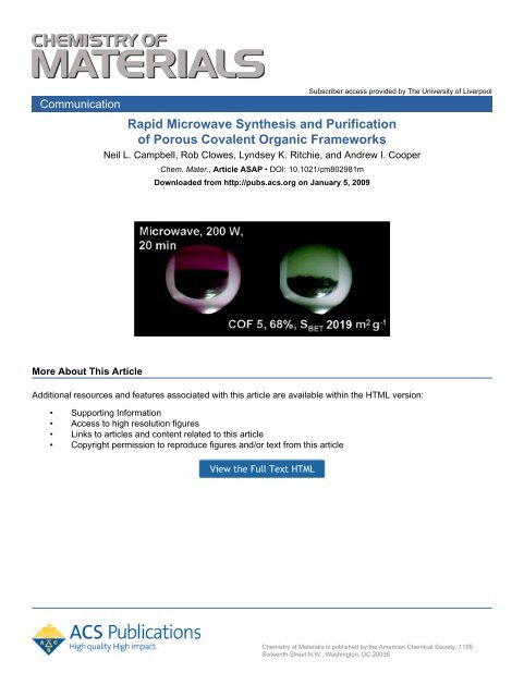 Rapid Microwave Synthesis and Purification of Porous Covalent ...