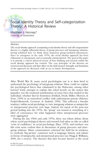 Social Identity Theory and Self-categorization Theory: A Historical ...