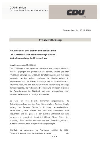 Neunkirchen soll sicher und sauber sein - CDU Saar