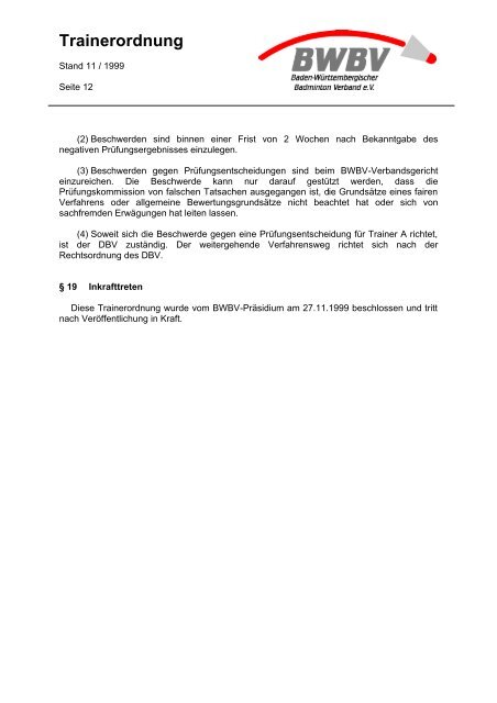 Trainerordnung - Baden - Württembergischer  Badminton - Verband
