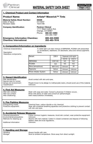 Artiste Maverick Tints MSDS - Pentron Clinical