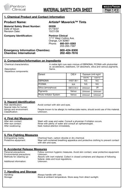 Artiste Maverick Tints MSDS - Pentron Clinical