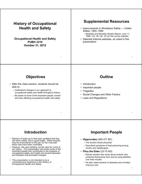 History of Occupational Health and Safety Supplemental Resources ...