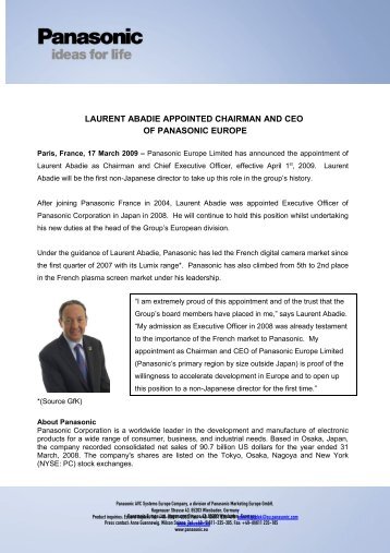 laurent abadie appointed chairman and ceo of panasonic