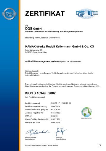Zertifizierungsurkunde - ISO TS 16949, ISO 9001 - Kamax
