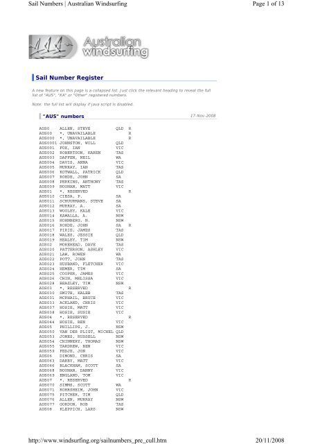 Page 1 of 13 Sail Numbers | Australian Windsurfing 20/11/2008 http ...