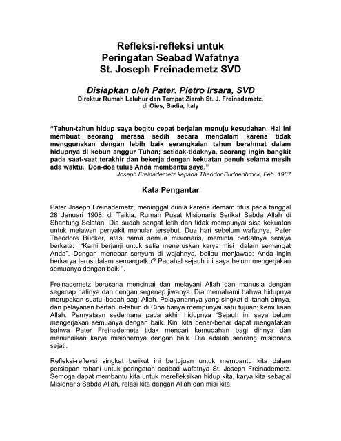 Refleksi Refleksi Untuk Peringatan Seabad Wafatnya St Svd Curia