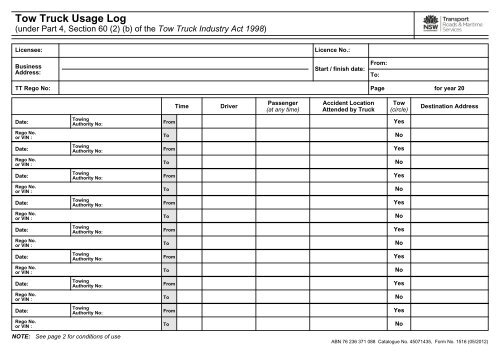 Tow Truck Usage Log - Conditions of Use - RTA