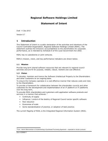 Regional Software Holdings Limited Statement of Intent - Waikato ...