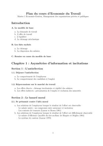 Plan du cours d'Economie du Travail Introduction Chapitre 1 ...