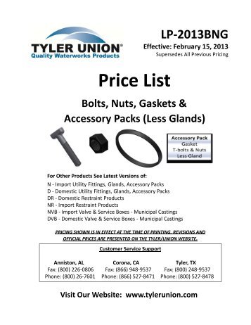 Price List Bolts, Nuts, Gaskets & Accessory Packs - Tyler Union
