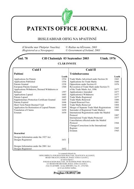 PATENTS OFFICE JOURNAL - Irish Patents Office