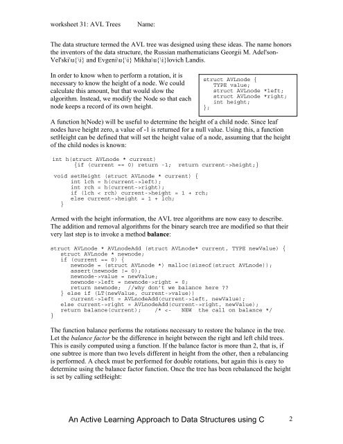 Worksheet 31: AVL Trees - Classes