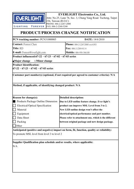 PRODUCT/PROCESS CHANGE NOTIFICATION - Everlight.com