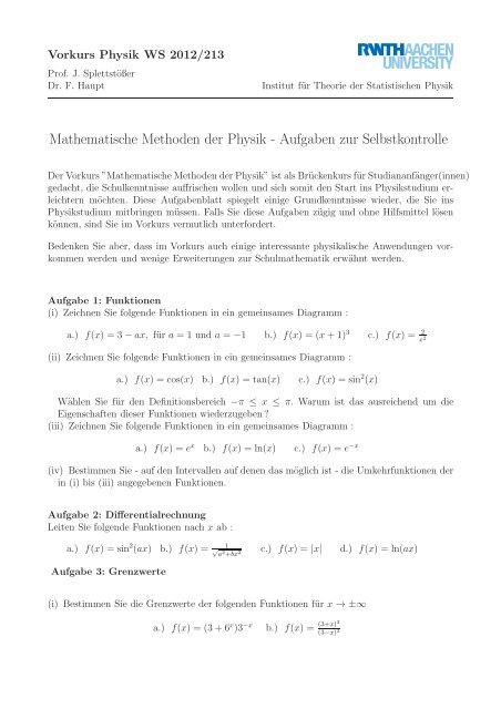 Mathematische Methoden der Physik - Aufgaben zur Selbstkontrolle