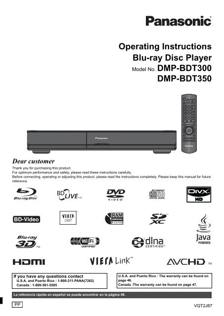 Operating Instructions Blu-ray Disc Player DMP-BDT300 - Panasonic