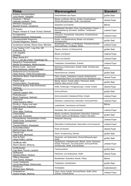 Kreativmesse Marburg - Ausstellerverzeichnis Stand ... - Stadthalle