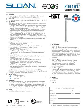 Sloan ECOS® 8116 Electronic Dual Flush specification sheet
