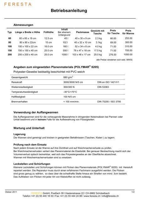 Datenblatt / BestÃ¤ndigkeit - FERESTA GmbH