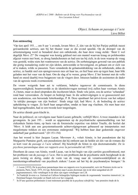 Object, lichaam en passage Ã  l'acte - Psychoanalyse Lacan - Freud