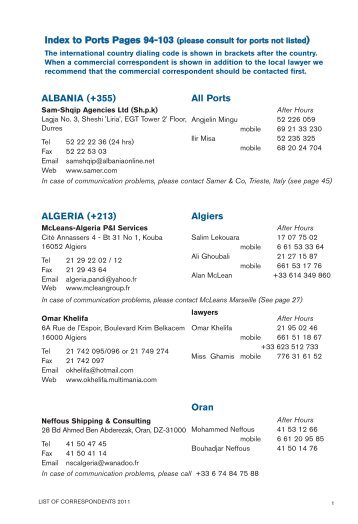 ALBANIA (+355) ALGERIA (+213) All Ports Algiers Oran - UK P&I