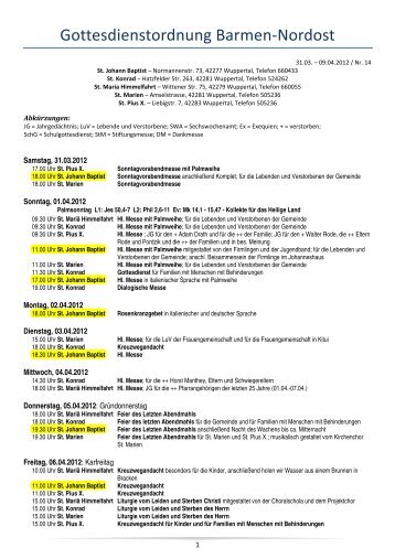 Gottesdienstordnung Barmen-Nordost - St. Johann Baptist, Wuppertal