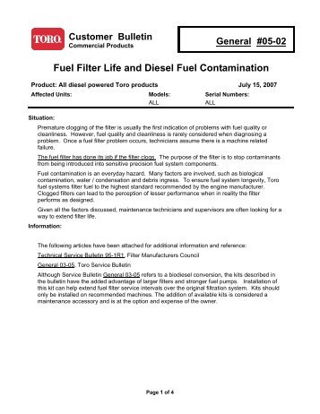 Fuel Filter Life and Diesel Fuel Contamination - Toro