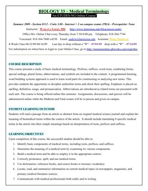 BIOLOGY 33 â€“ Medical Terminology - Los Angeles Mission College