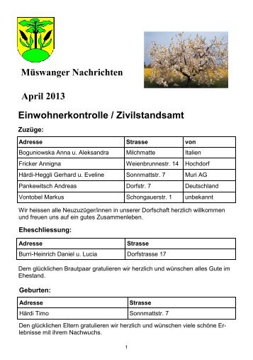 MÃ¼swanger Nachrichten April 2013 Einwohnerkontrolle ...