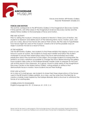 Forces and Motion Trip Sheet (Grades 3â€“5) - Anchorage Museum