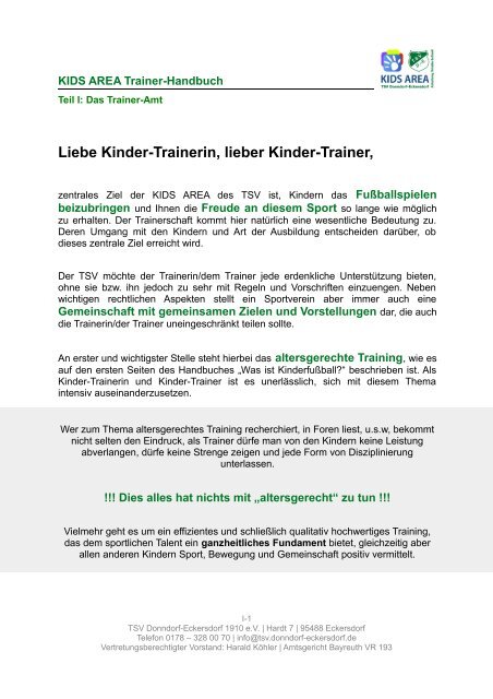 KIDS AREA Trainer-Handbuch Teil I - TSV Donndorf-Eckersdorf