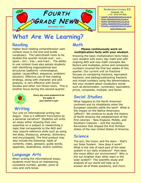 4th Grade November Newsletter
