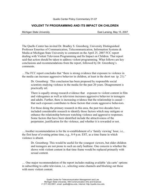 Violent TV Programming and Children (PDF, 16 kb) - Quello Center ...