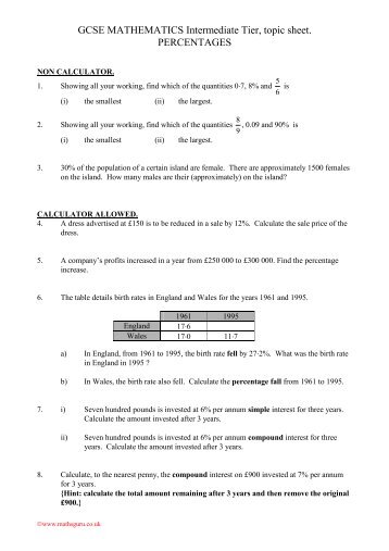 GCSE MATHEMATICS Intermediate Tier, topic sheet. PERCENTAGES