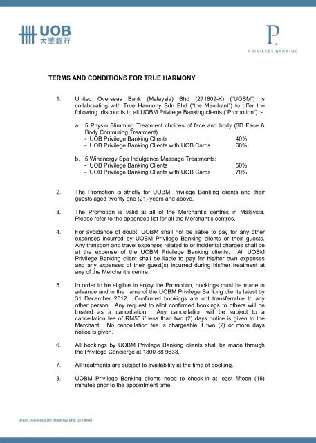 terms and conditions for true harmony - United Overseas Bank 