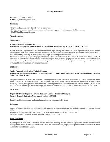 Anatoly's resumé - Institute for Geophysics - The University of Texas ...