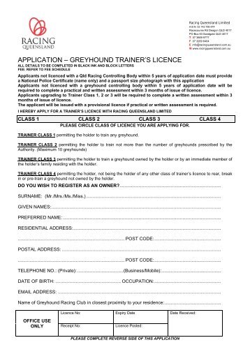 application â greyhound trainer's licence - Greyhounds Queensland