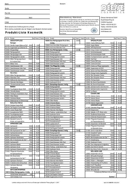 Produkt-Liste Kosmetik