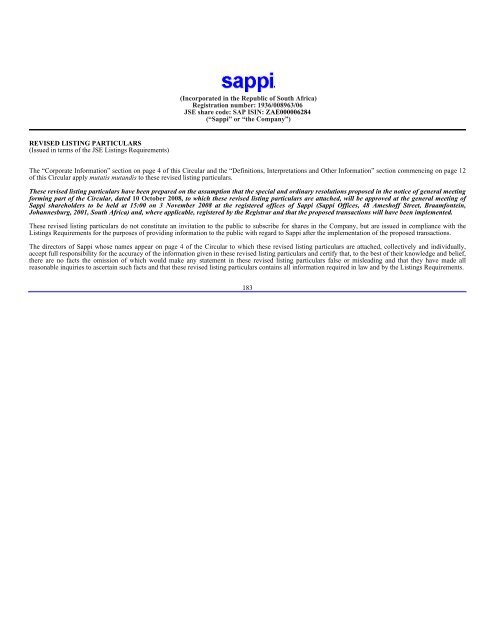 SAPPI LTD (SAP) 6-K